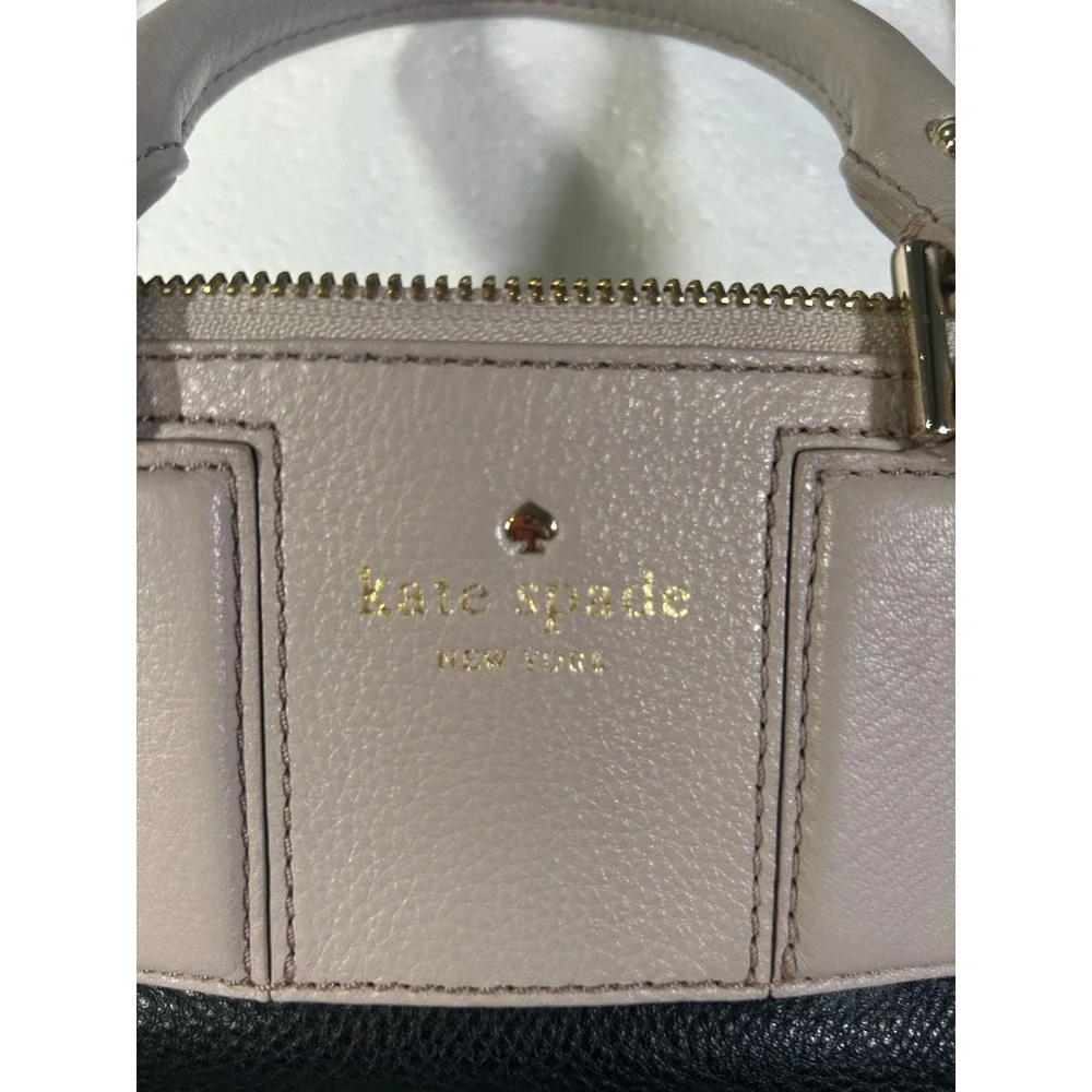 Kate Spade New York Pebble Leather Two Tone Satchel Handbag Black Beige Gold#256